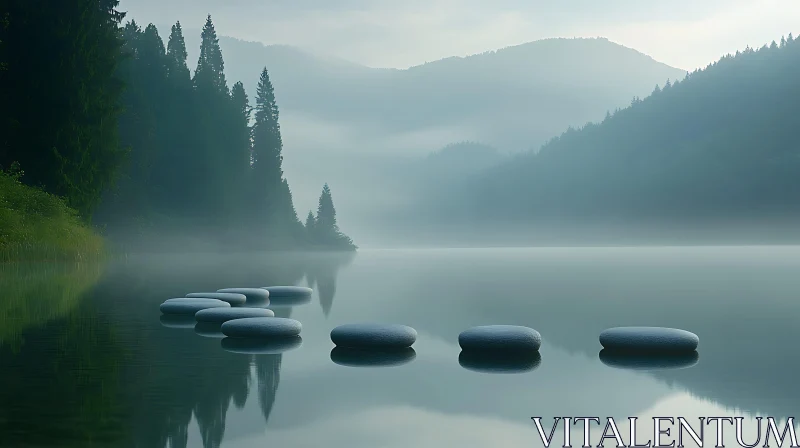 Tranquil Misty Lake Path AI Image