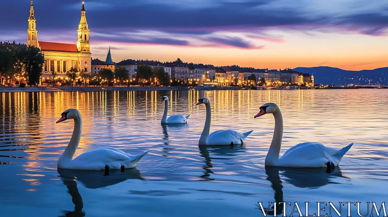 Beautiful Swans at Sunset by a City Lake AI Image