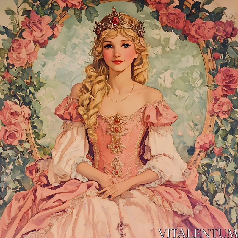 Royal Woman in Pink Dress Surrounded by Roses AI Image