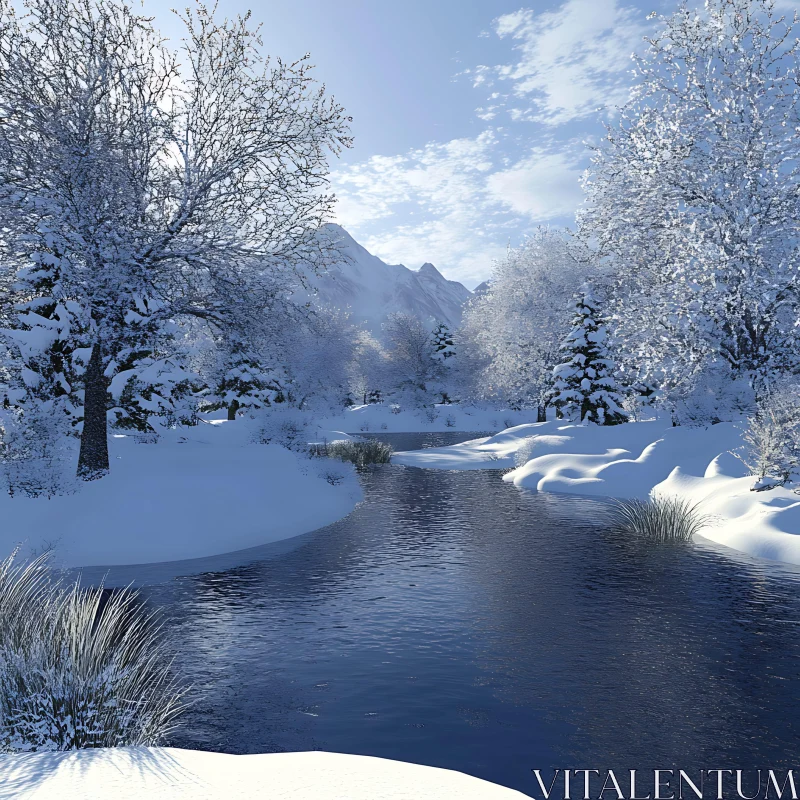 Snowy Mountain River Landscape AI Image