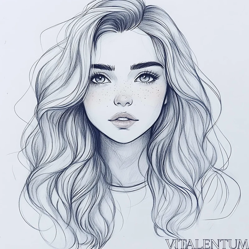 Detailed Sketch of a Woman with Freckles AI Image