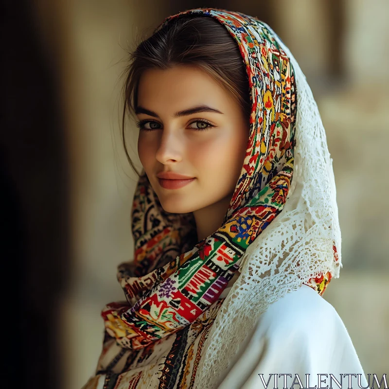 Serene Woman Wearing Colorful Traditional Scarf AI Image