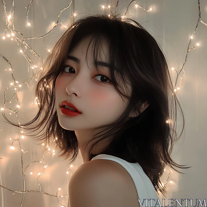 Softly Lit Woman Portrait with Fairy Lights AI Image