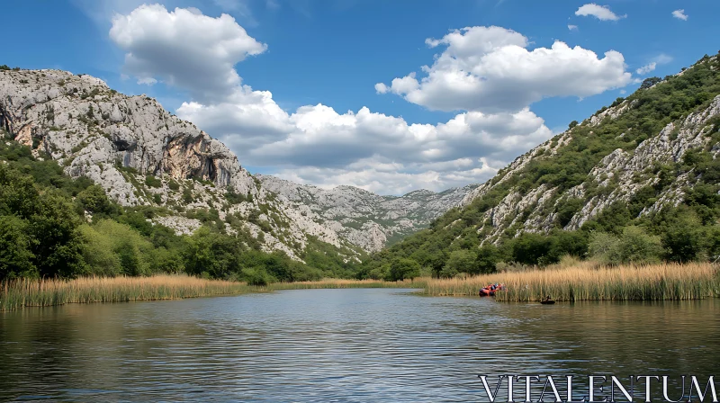 Peaceful Mountain River Under Cloud-Dotted Sky AI Image