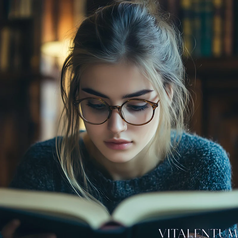 Woman with Glasses Engrossed in a Book AI Image