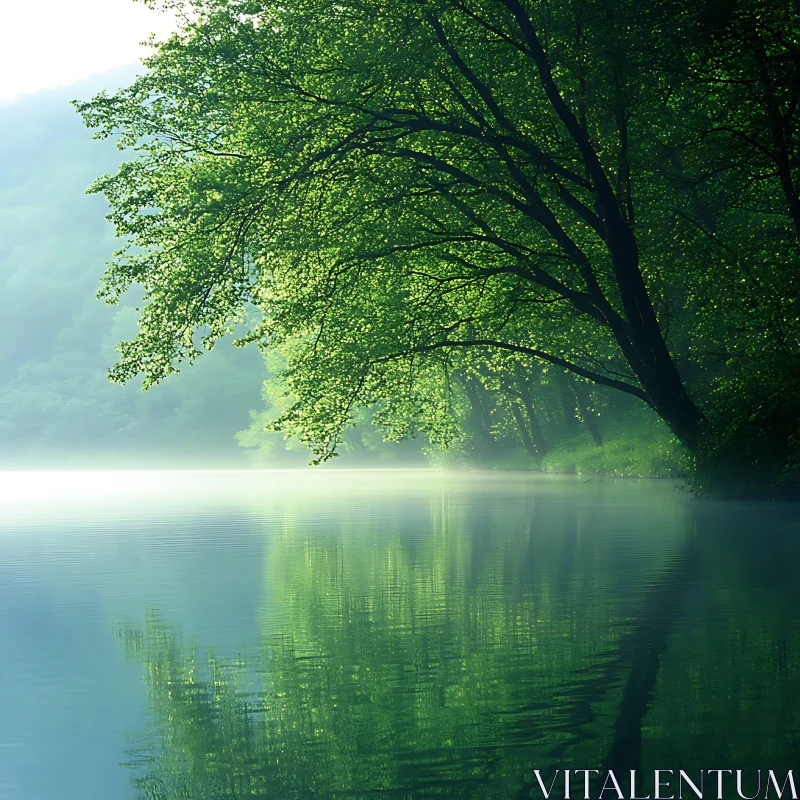 Tranquil Misty Morning with Reflective Water AI Image