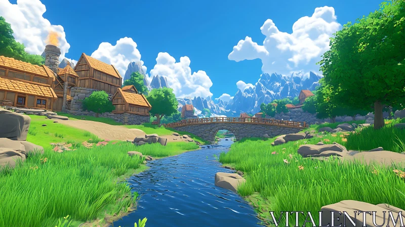 Idyllic Riverside Village with Mountains AI Image