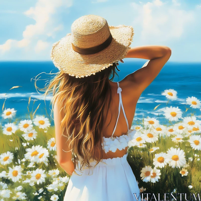 Summer Serenity: Woman in Hat and Daisy Field AI Image