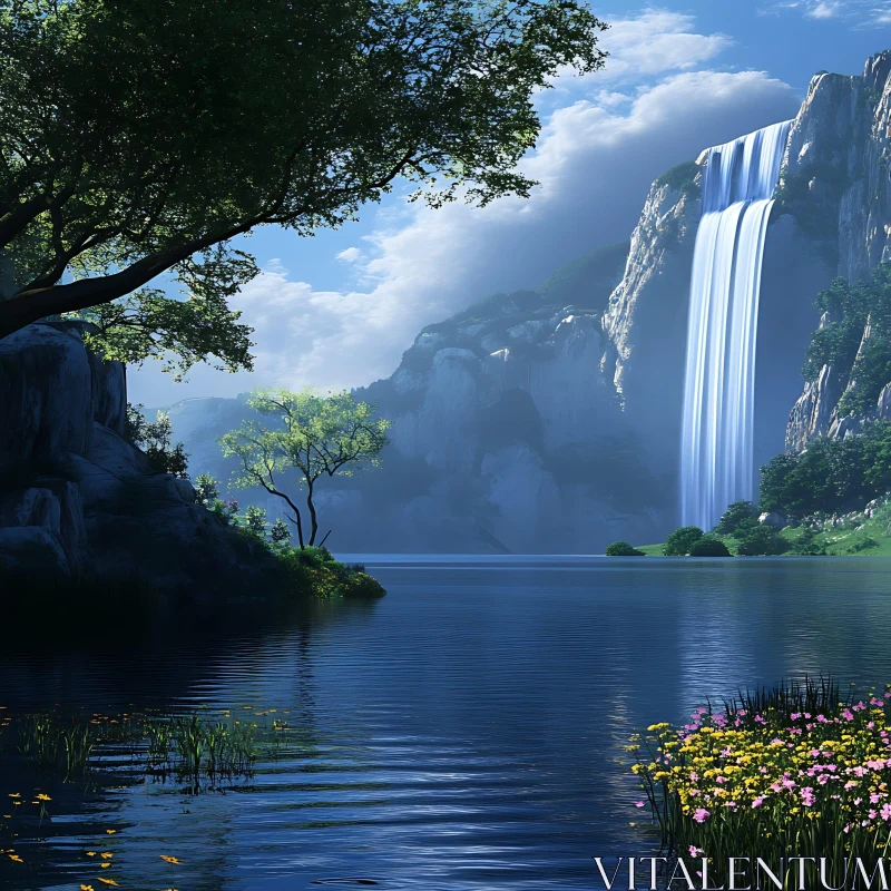 AI ART Majestic Waterfall in Mountainous Landscape