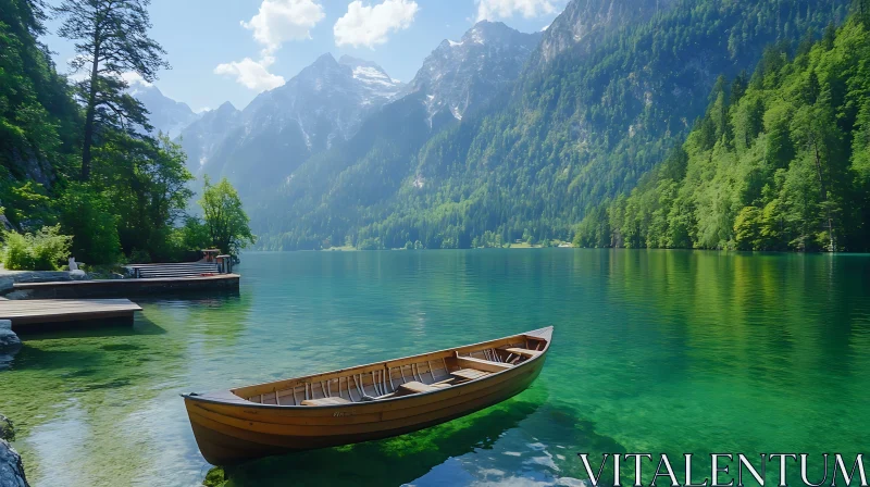 Peaceful Lake with Wooden Boat Amidst Mountains AI Image