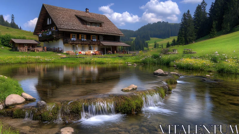 Serene Cottage Near Cascading Stream AI Image