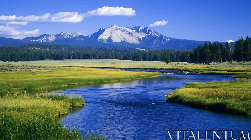 A Tranquil Landscape of River, Grassland, and Mountains AI Image