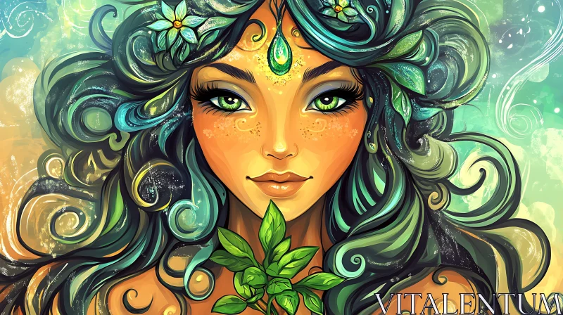 Mystical Female Portrait with Nature Elements AI Image