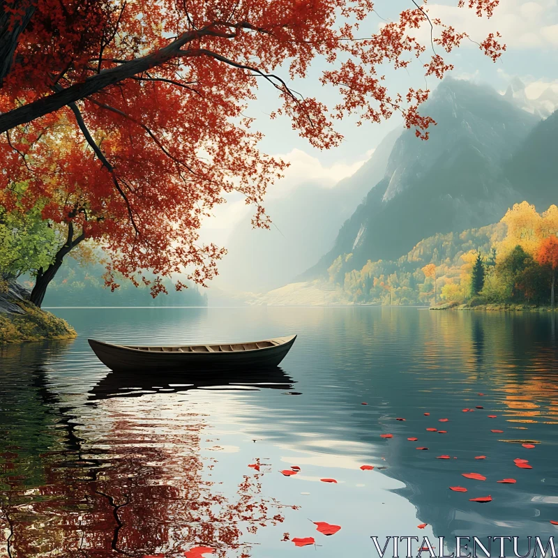 Serene Autumn Landscape with Boat and Mountains AI Image