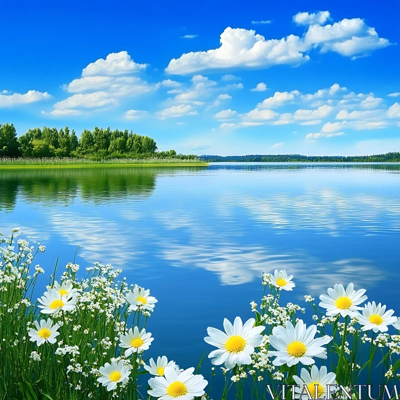 Tranquil Lakeside View with Flowers and Trees AI Image