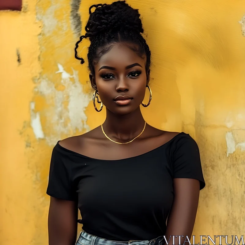 Confident Woman in Black with Yellow Background AI Image