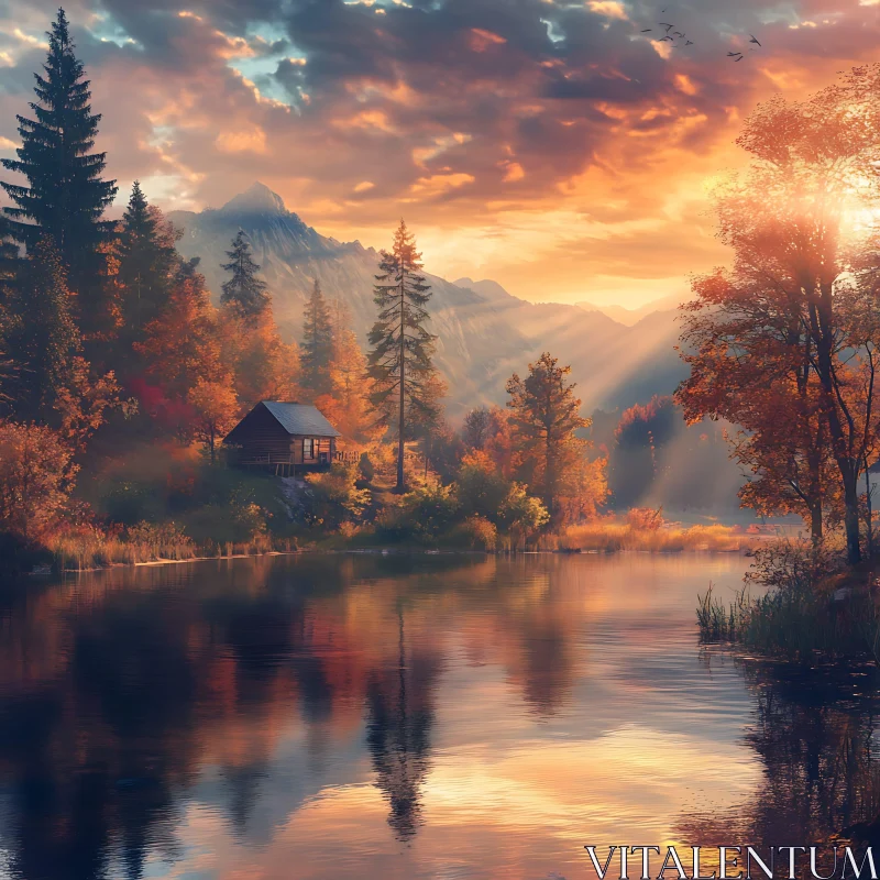 AI ART Peaceful Lakeside Sunset in Autumn