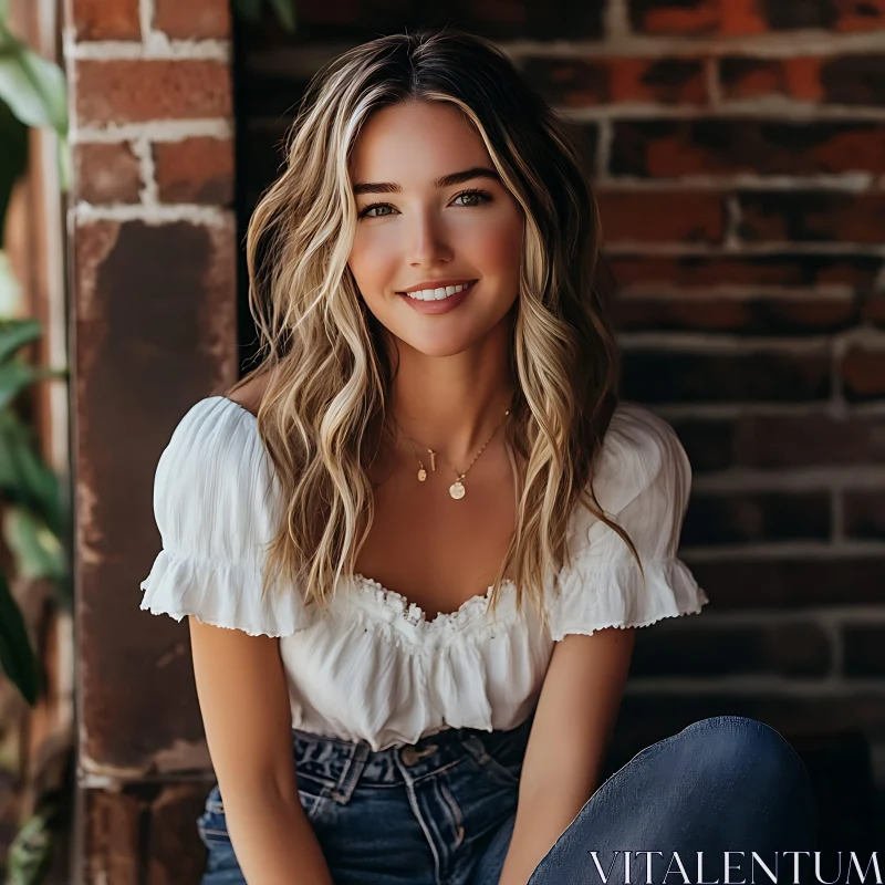 Smiling Young Woman in Casual Outfit Portrait AI Image