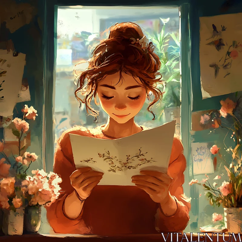 Girl Immersed in Reading Amidst Sunlit Blossoms AI Image