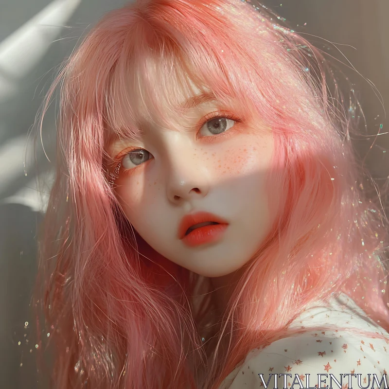 Ethereal Pink-Haired Woman with Freckles AI Image