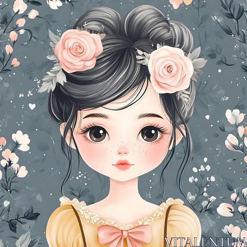 Whimsical Anime Portrait of a Girl in Floral Background AI Image