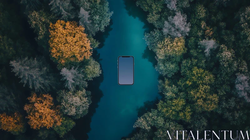 Forest River with a Smartphone Centered AI Image