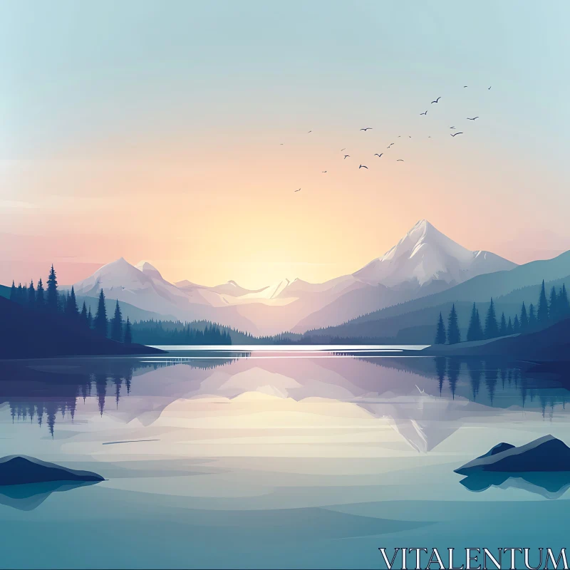 Peaceful Sunset Over Mountain Lake AI Image