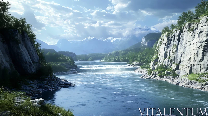 Peaceful River Scene with Forest and Mountains AI Image