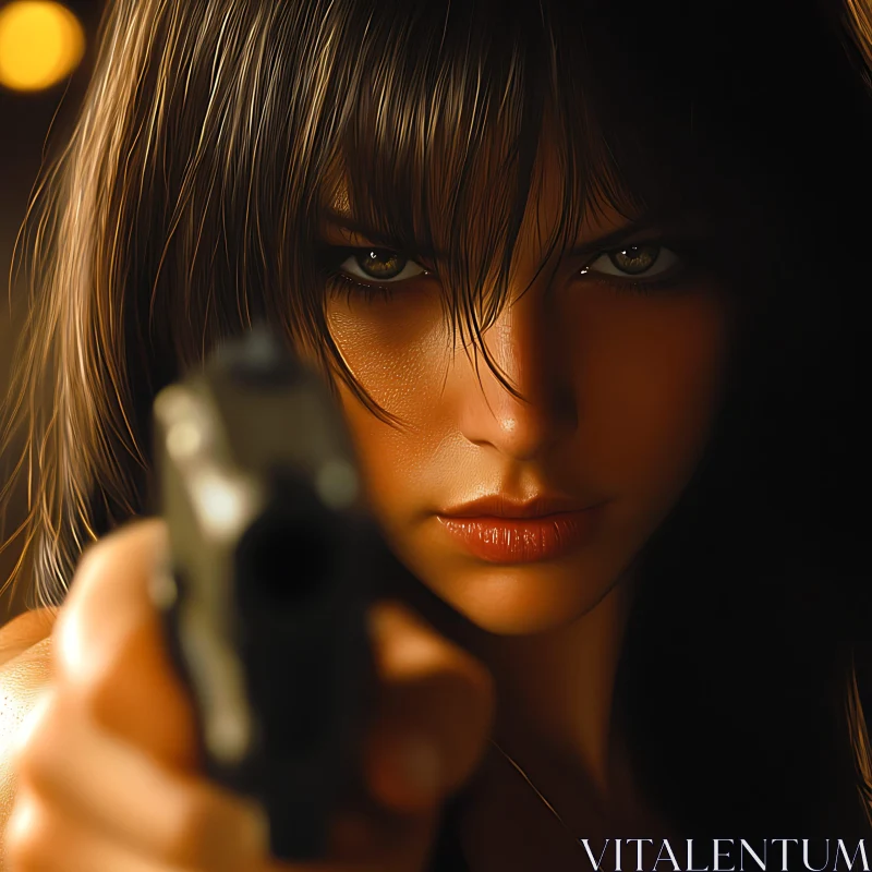 Determined Woman with Gun Close-Up AI Image