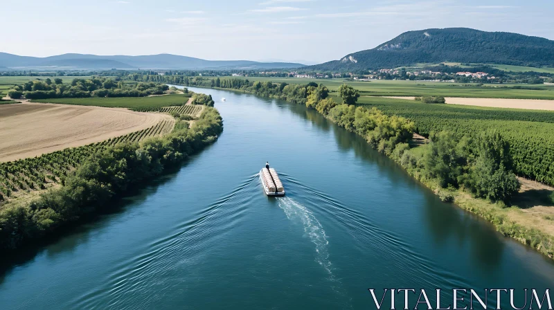 River Landscape with Boat and Green Fields AI Image