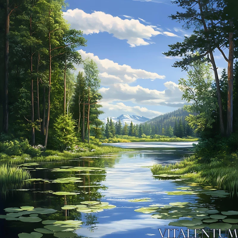 Serene Forest Lake with Mountain View AI Image