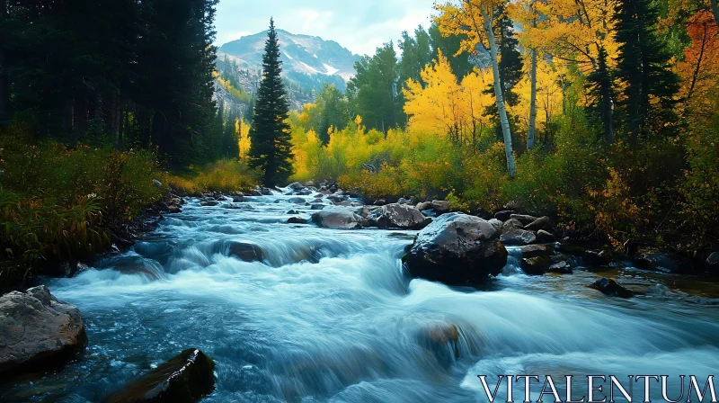 Serene River in Autumn Forest with Mountain View AI Image