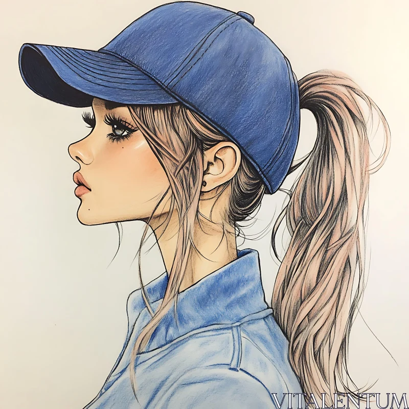 Detailed Drawing of a Woman in Blue Cap AI Image