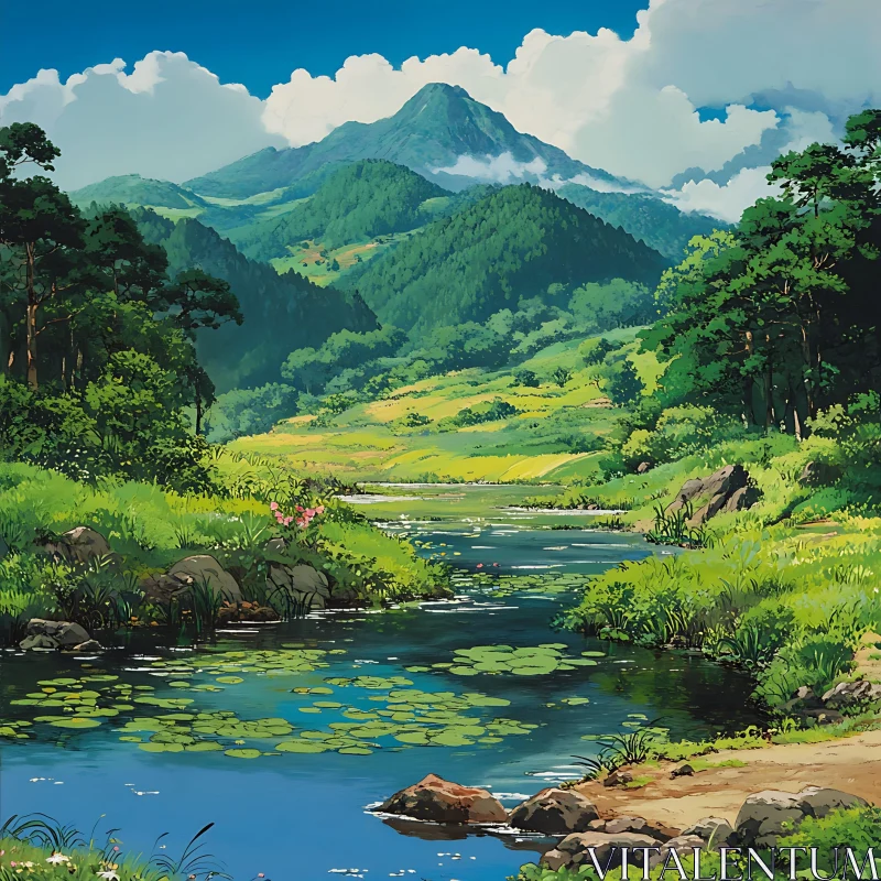 Tranquil River Flowing Through Vibrant Greenery in Mountainous Region AI Image