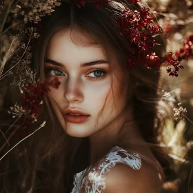 Serene Beauty in Nature - Woman with Red Flowers