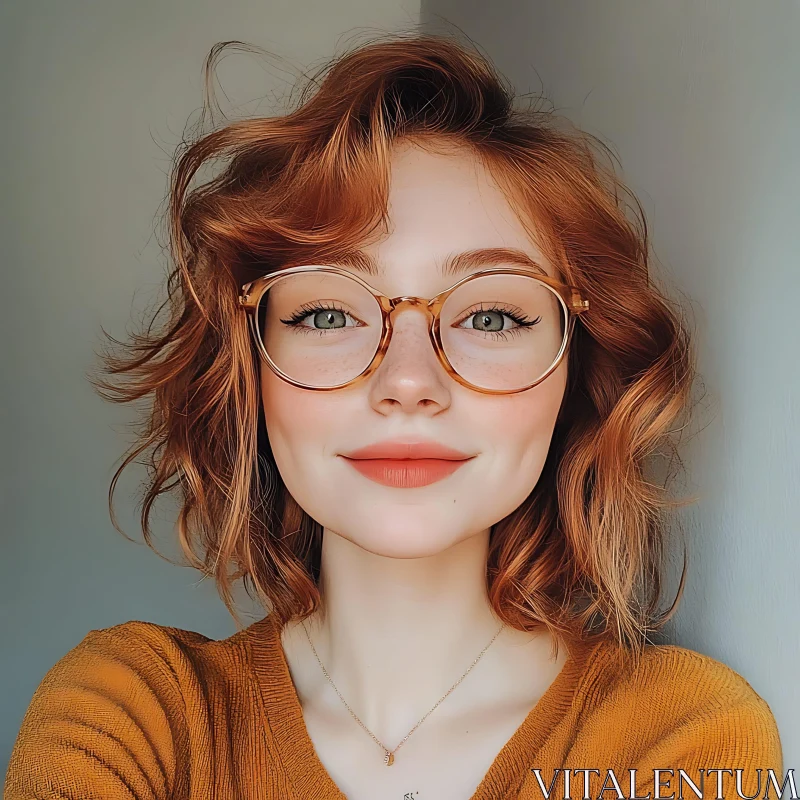 Smiling Woman with Red Hair and Glasses AI Image