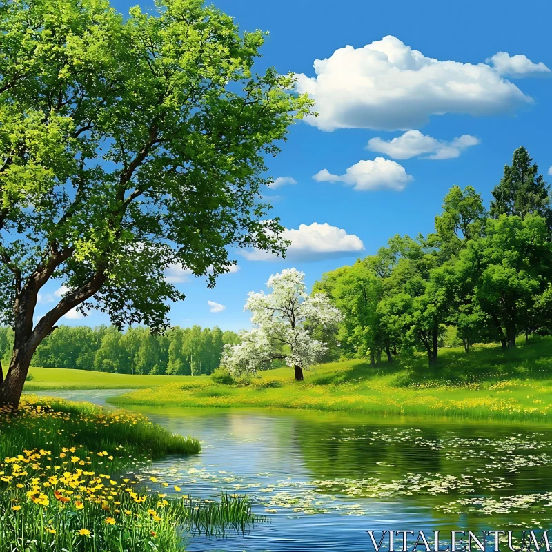 Tranquil Spring Meadow with Flowing River AI Image