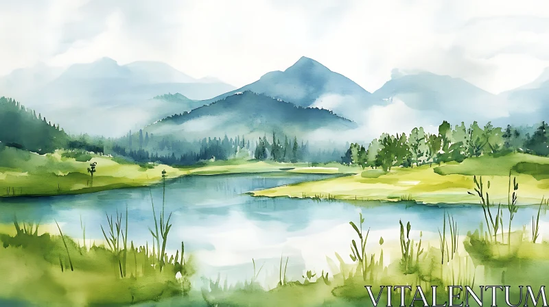 Serene Lakeside Landscape in Watercolor AI Image