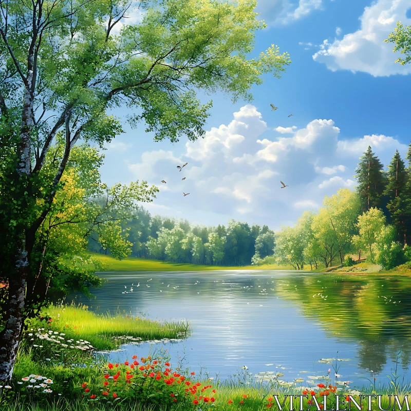 AI ART Tranquil Lake Landscape with Wildflowers and Birds