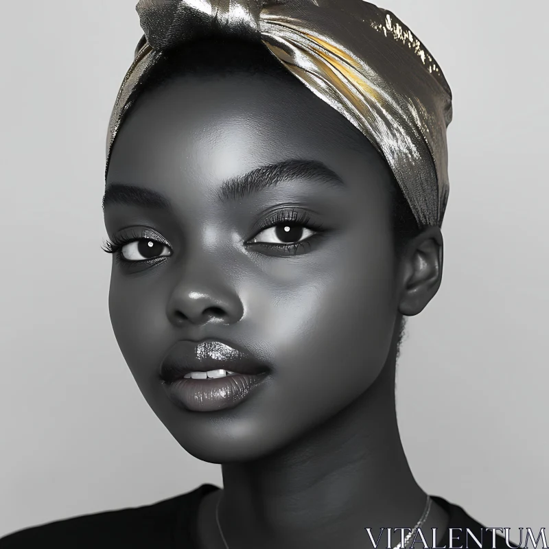 Elegant Woman in Monochrome with Metallic Headwrap AI Image