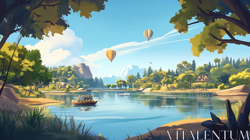 AI ART Tranquil Lake View with Floating Balloons