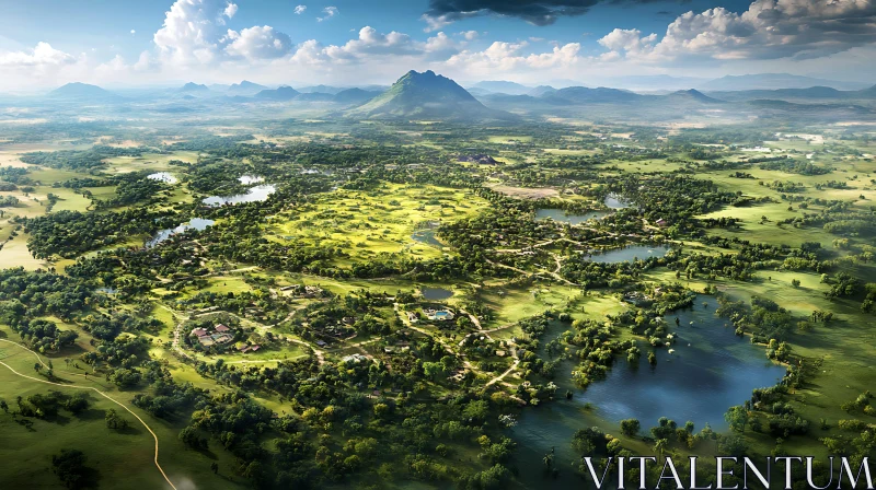 Scenic Landscape Aerial View with Mountains and Green Fields AI Image