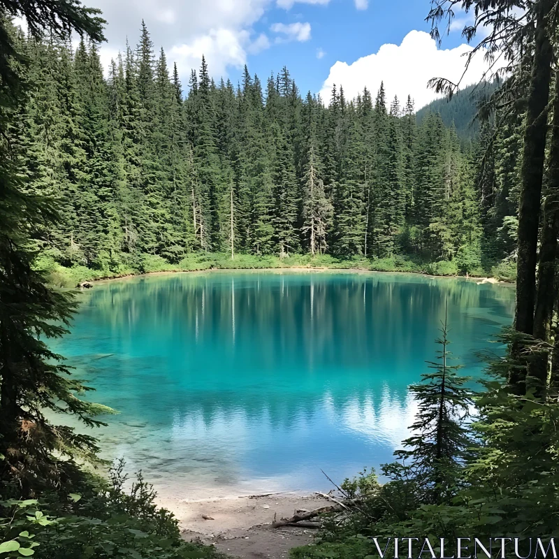 Crystal-Clear Blue Lake in the Heart of a Forest AI Image