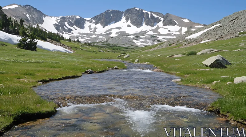 AI ART Tranquil Alpine Meadow and River with Snowy Mountains