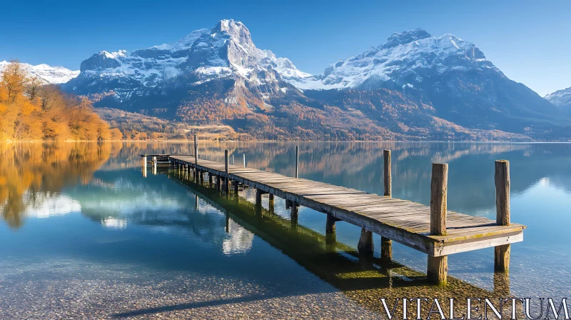 Serene Alpine Lake with Pier and Snowy Mountains AI Image