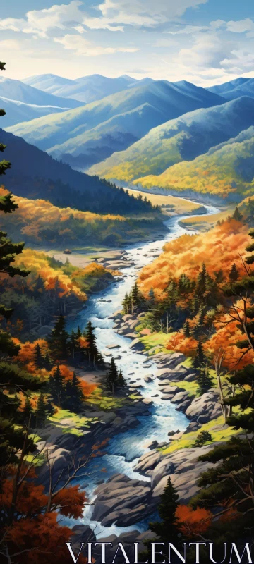 AI ART Peaceful River Flowing Through Autumnal Forest