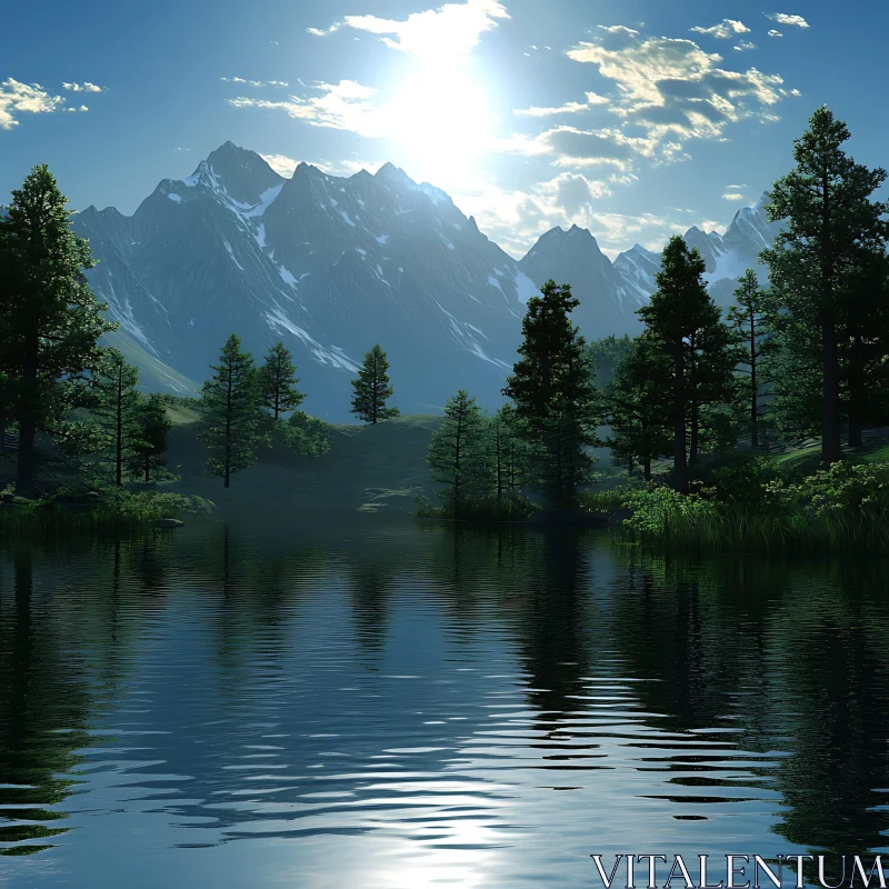 Tranquil Nature Scene with Lake and Mountains AI Image