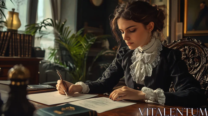 Elegant Victorian Lady Composing a Letter AI Image