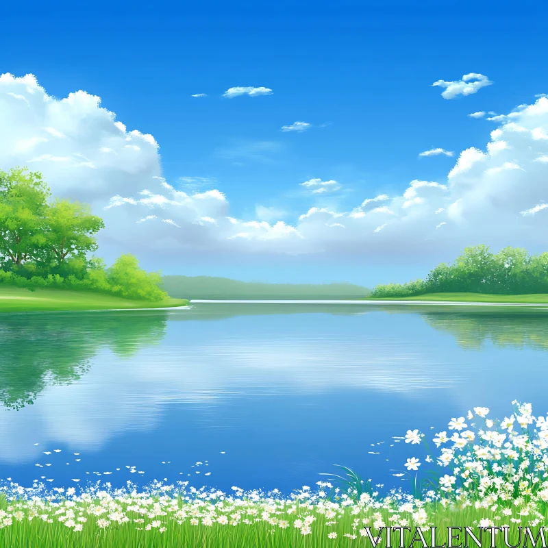 Tranquil Waterscape with Blooming Flowers AI Image