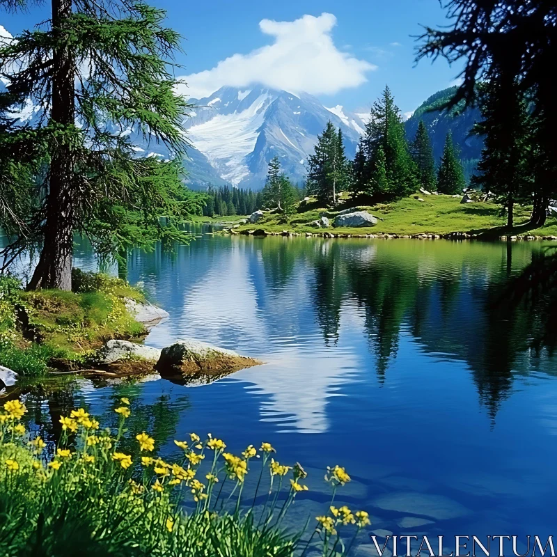 Tranquil Mountain Reflections with Pine Trees and Wildflowers AI Image